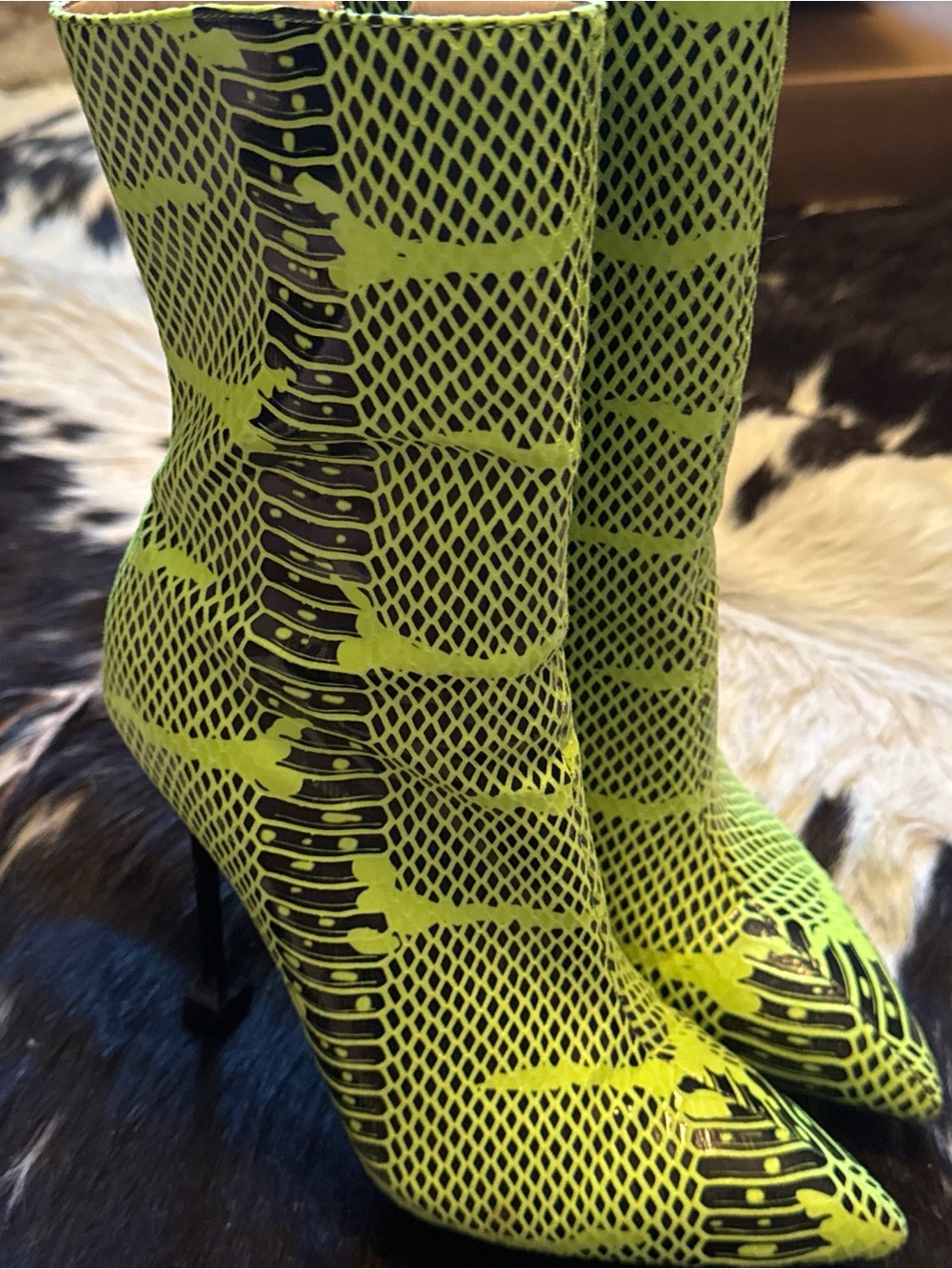 Neon Green Lace-Print Pointed Toe Heeled Boots